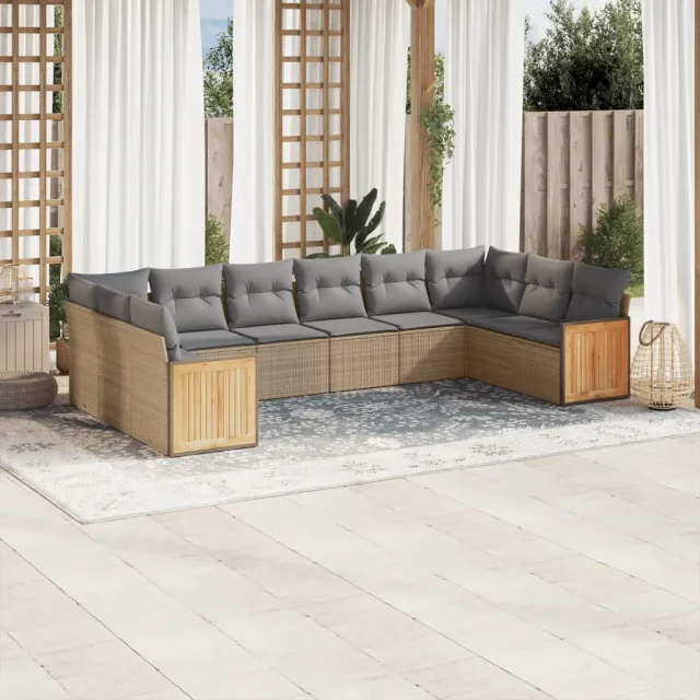 vidaXL 10-delige Loungeset met kussens poly rattan beige, foto 2