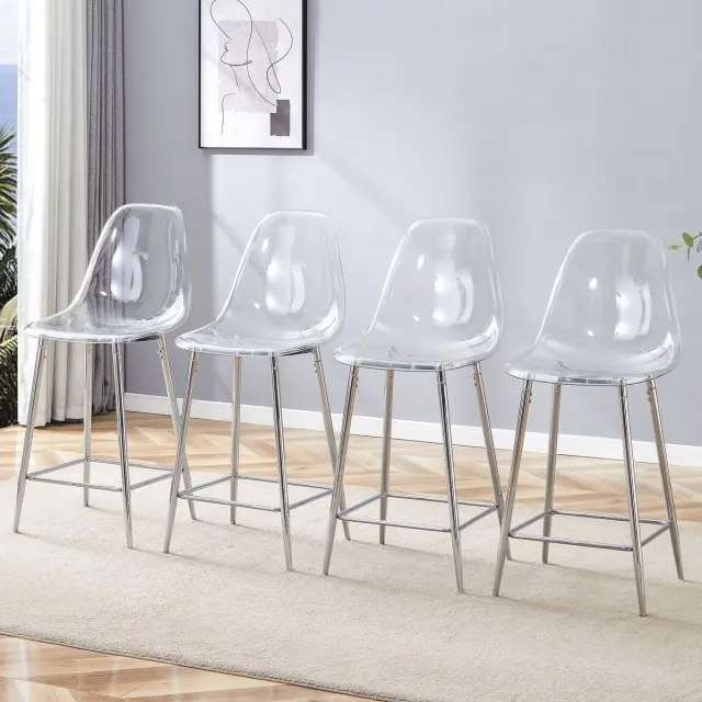 HAUSS SPOLE Barkruk - Transparante Barkruk Set Van 4 - Met Rugleuning En Voetsteun - Voor Keuken, Bar En Eetkamer - Kunststof Transparant En Zilver