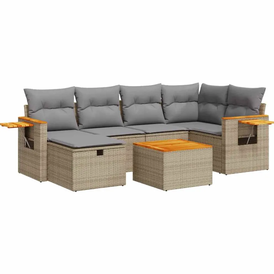 vidaXL 7-delige Loungeset met kussens poly rattan beige, foto 3