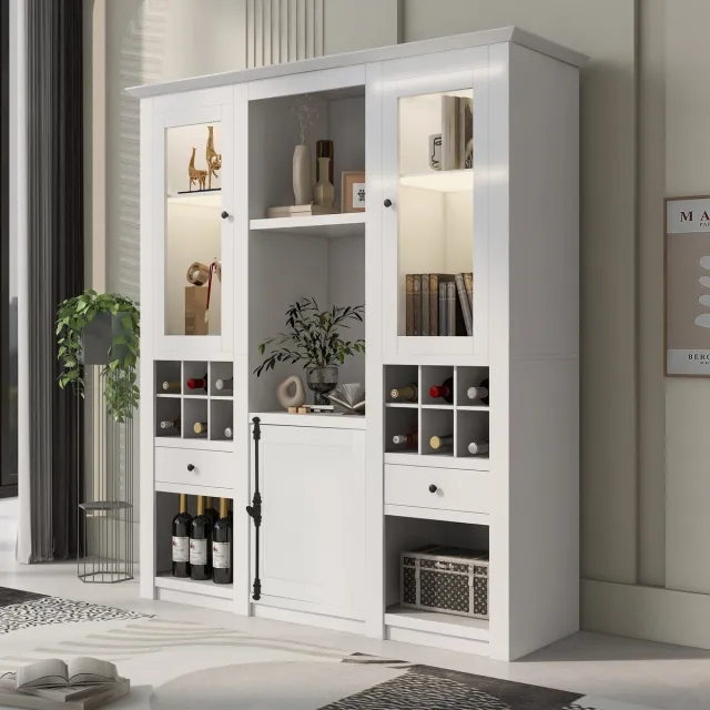 COVREO Vitrinekast 143x45,5x170 cm wit MDF, met LED, 2 lades en opbergruimte