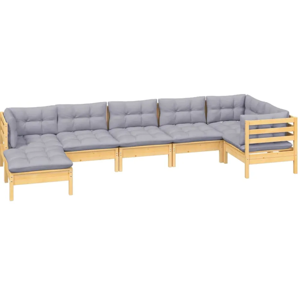 vidaXL 7-delige Loungeset met grijze kussens massief grenenhout Grijs