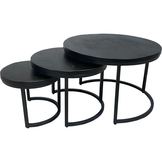 The Copperbarn Salontafel rond industrieel mangohout Salontafel Set van 3 zwart