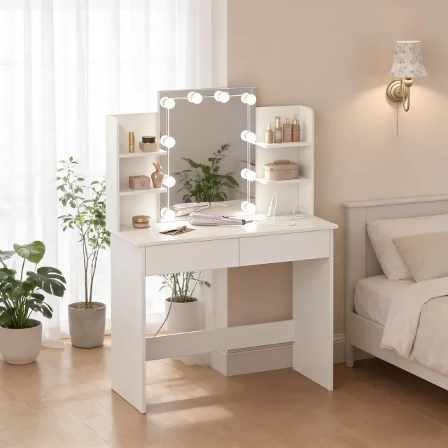 DESMIU Kaptafel Met Spiegel En Verlichting 90 x 40 x 135 Cm Wit Hout Voor Make Up En Bureau Met 2 Lades En Opbergrekken