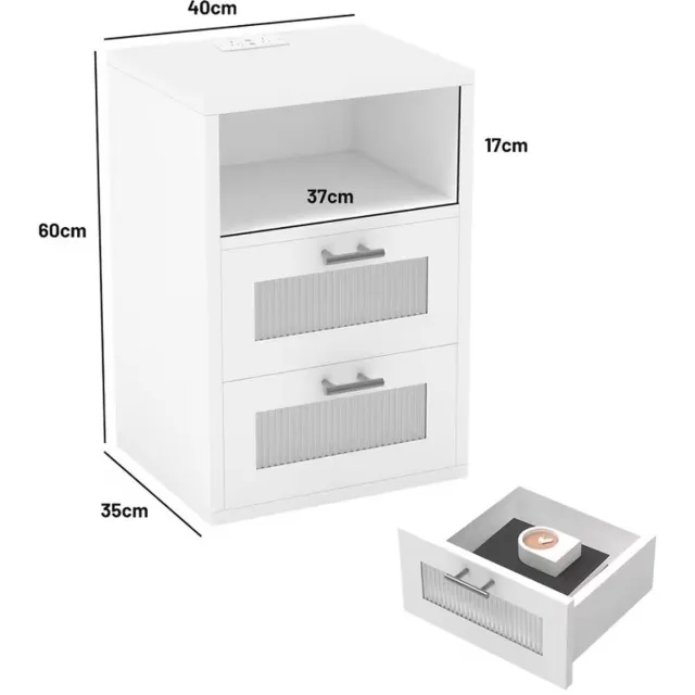 J.T.R Nachtkastje met USB-oplaadfunctie- LED-verlichting, wit-2 lades.