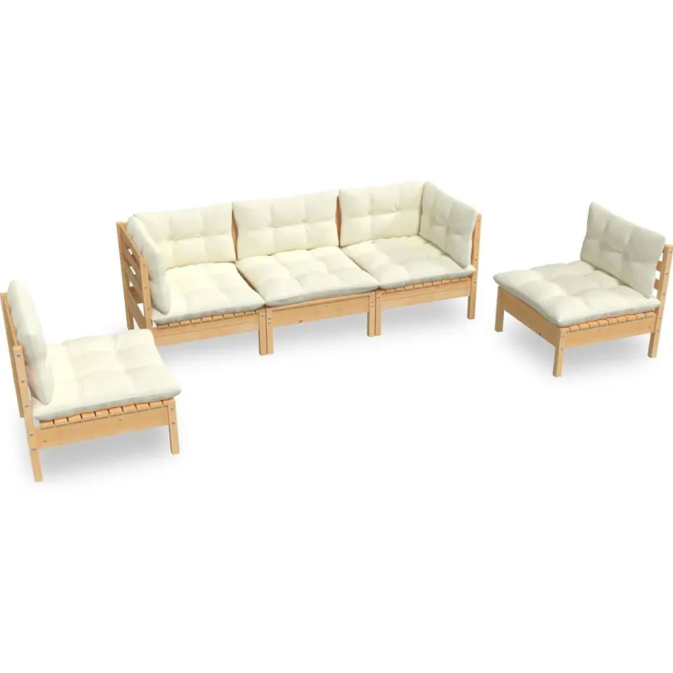 vidaXL 5-delige Loungeset met crèmekleurige kussens massief grenenhout