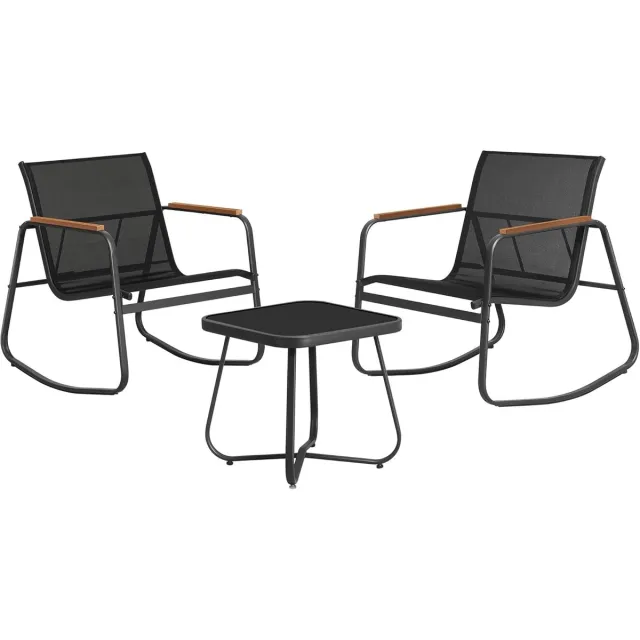 FurnStar Tuinmeubelset – 2 Schommelstoelen met Tafel – Balkonset – Ademende Stoelen met Armleuningen – Stalen Frame – Inktzwart – Voor Tuin, Terras, Balkon Inkt Zwart