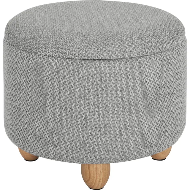 Happyment Luxe Ronde Poef Mimi - Met opbergruimte - Voetenbank met opbergruimte - Opbergbox hocker - Zitkist met deskel - Grijs - Stof - 39x39x33 cm