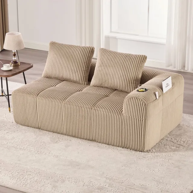 Zubaliya 2-zits corduroy bank - Met zijvak en drinkhouder - 2 personen - Grijs corduroy - Montagevrij - Hoogdichtheid schuim met veren khaki
