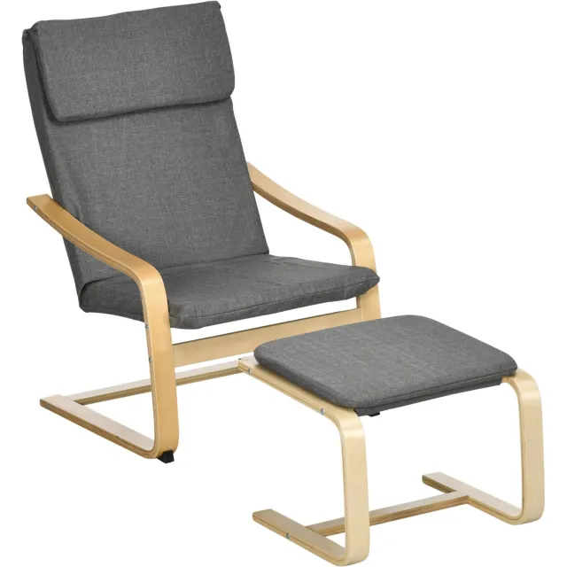 Homona Fauteuil met voetenbank - Met hoofdkussen en armleuningen - Met linnenlook bekleding en houten frame - 66,5 x 80 x 99 cm - Grijs/Naturel