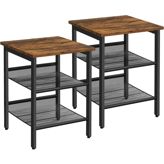 ZAZA Home Nachtkastjes, Set Van Bijzettafels, Set Van 2 Banken, Kleine Salontafels Met Verstelbare Rasterplanken, Woonkamer, Slaapkamer, Hal, Stal, İndustrieel Ontwerp, Vintage Bruin-Zwart