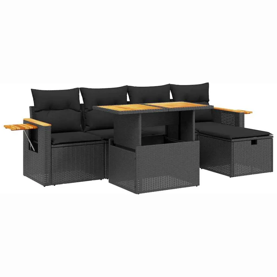 vidaXL 6-delige Loungeset met kussens poly rattan zwart, foto 3
