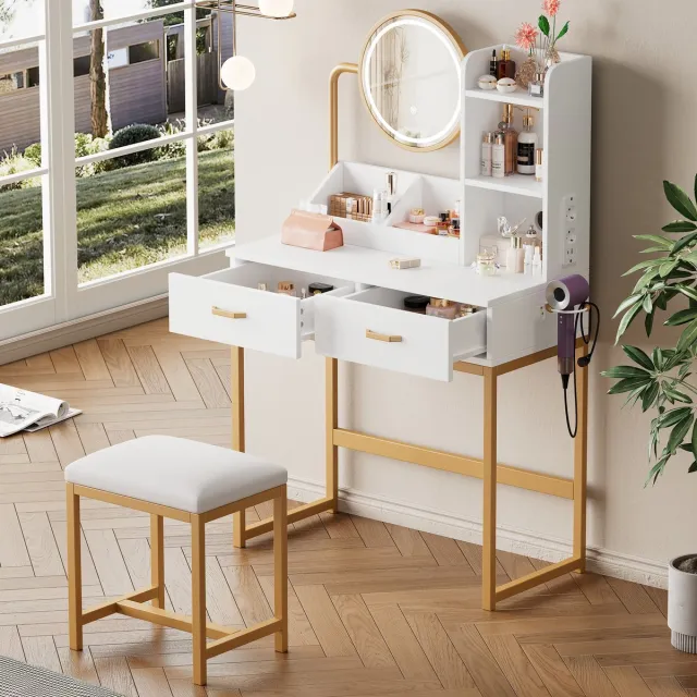 Zubaliya Kaptafel met LED-spiegel, kruk en stopcontacten - wit en goudkleurig - 80 x 40 x 138,5 cm