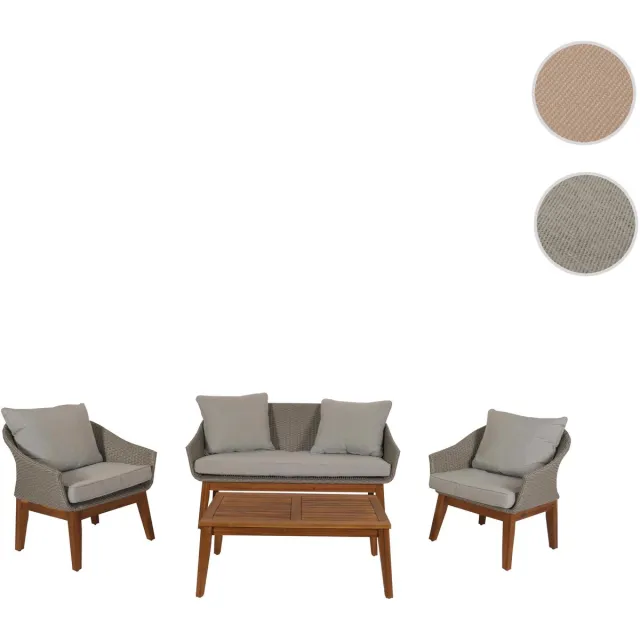 Tuinset MCW-N37, tuin-/loungeset bankstel, polyrotan hout acacia ~ grijs, kussens lichtgrijs