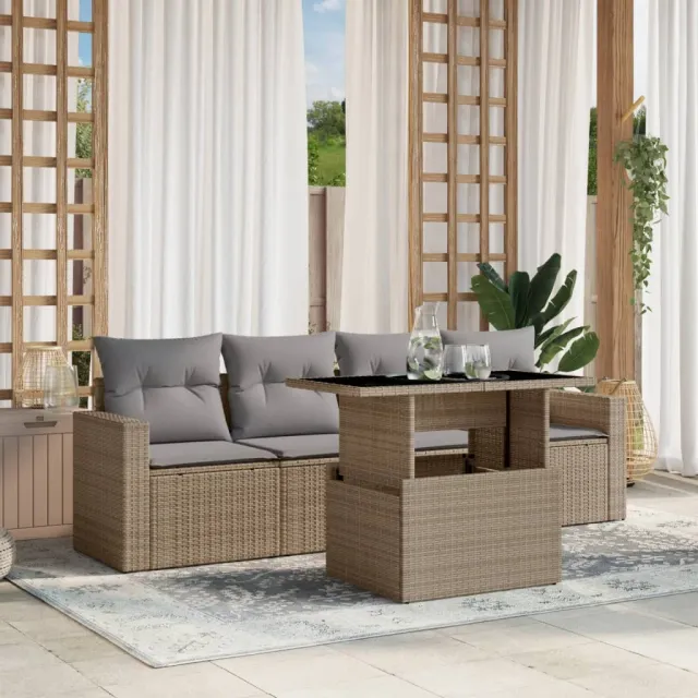 vidaXL 5-delige Loungeset met kussens poly rattan beige, foto 2