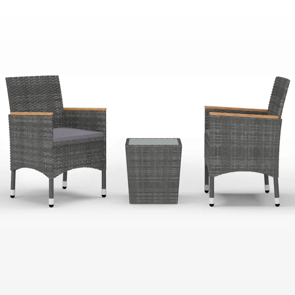 vidaXL 3-delige Bistroset poly rattan en gehard glas grijs, foto 3