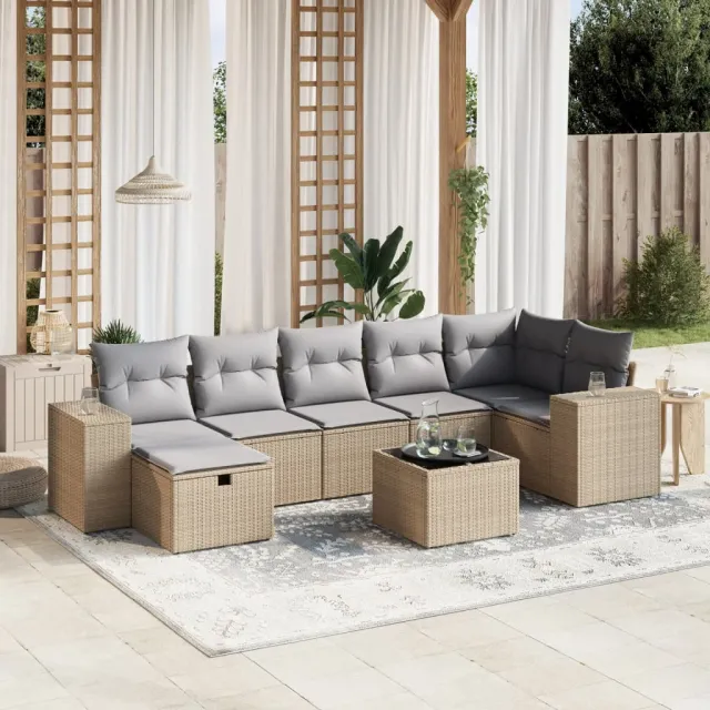vidaXL 8-delige Loungeset met kussens poly rattan gemengd beige, foto 2