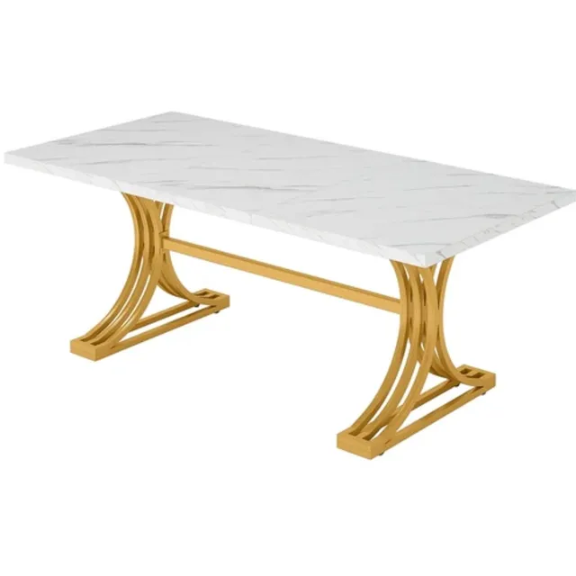 DMG Supply Eettafel 160 x 80 cm - Rechthoekig - 4 tot 6 Personen - Wit Marmerlook - Gouden Poten