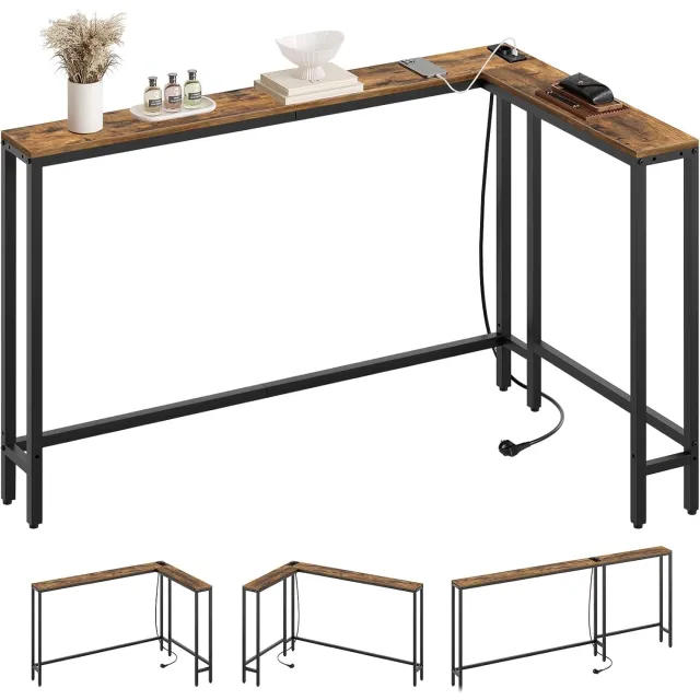 Homesy Consoletafel smal, 200 cm L-vormige ingangstafel, 15 cm brede gangtafel, 3 combinatiemodi, 1 stopcontact en 2 USB-poorten, voor woonkamer, hal, achter de bank, vintage bruin Vintage Bruin + Zwart