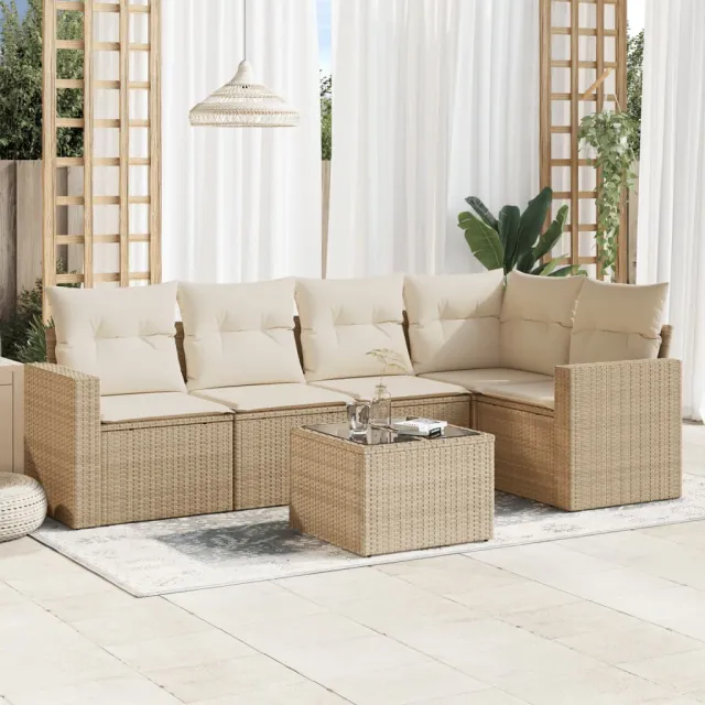 vidaXL 6-delige Loungeset met kussens poly rattan beige, foto 2
