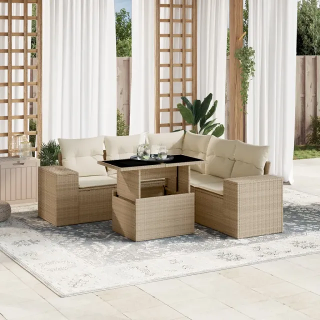 vidaXL 6-delige Loungeset met kussens poly rattan beige, foto 2