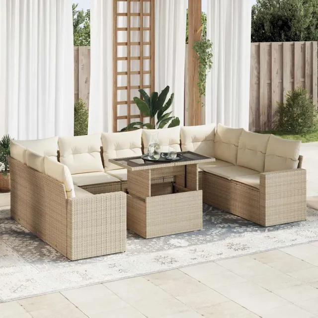 vidaXL 10-delige Loungeset met kussens poly rattan beige, foto 2
