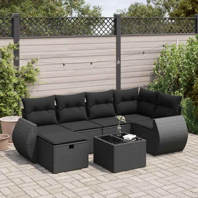 vidaXL 7-delige Loungeset met kussens poly rattan zwart, foto 2