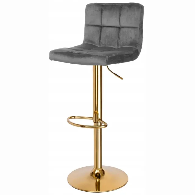 springos Luxe Grijze Fluwelen Barkruk met Gouden Accent, Draaibaar & Verstelbaar Grey