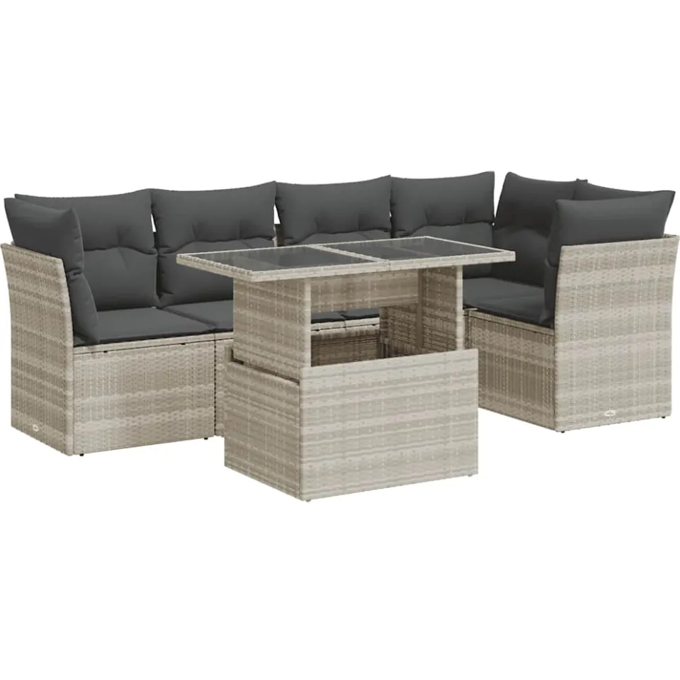 vidaXL 6-delige Loungeset met kussens poly rattan lichtgrijs grijs, foto 3