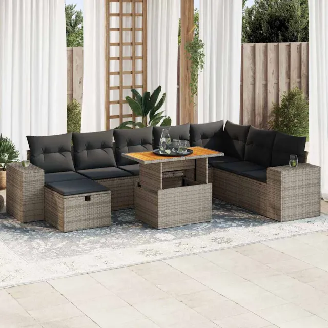 vidaXL 9-delige Loungeset met kussens poly rattan acacia grijs, foto 2