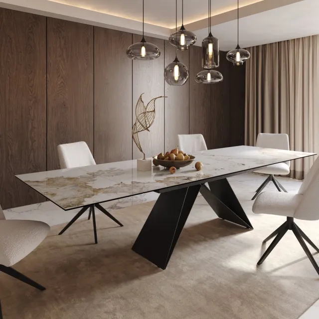 DELIFE Eetkamertafel Edge keramiek Minas Melange wit-beige 200-300x100 V-frame vlak staal zwart uitschuifbaar Weiß-Beige