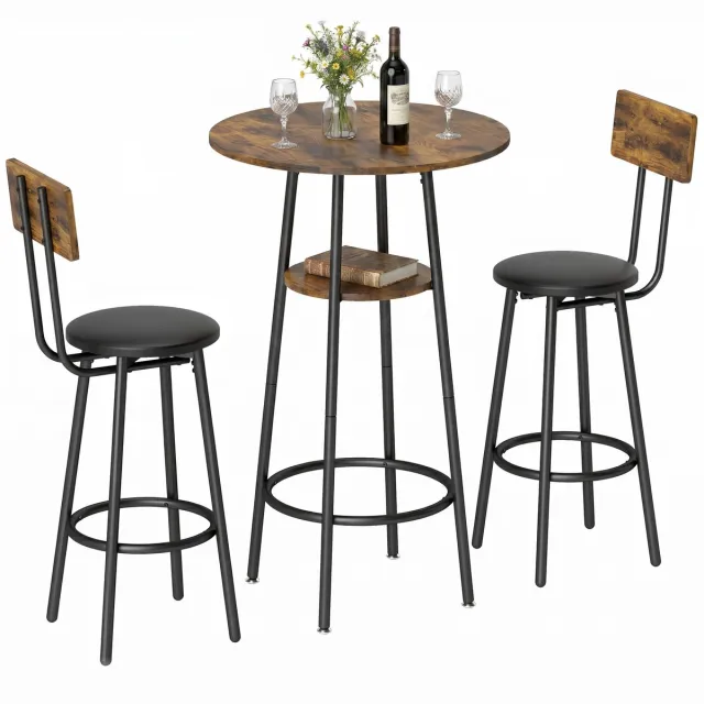 sogiol Industriële Bartafel met 2 gestoffeerde barkrukken - voetensteunen - metalen frame - keukentafel met plank - rustiek bruin