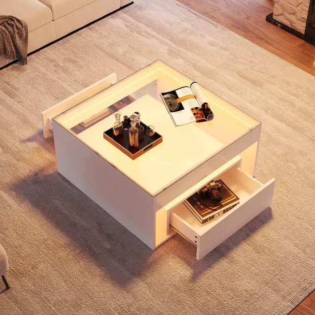 HAUSS SPOLE Salontafel - Vierkant Met LED En 2 Lades - Ruimtebesparend Voor Kleine Woonkamer - MDF En Gehard Glas - Wit - 70x70x35 Cm