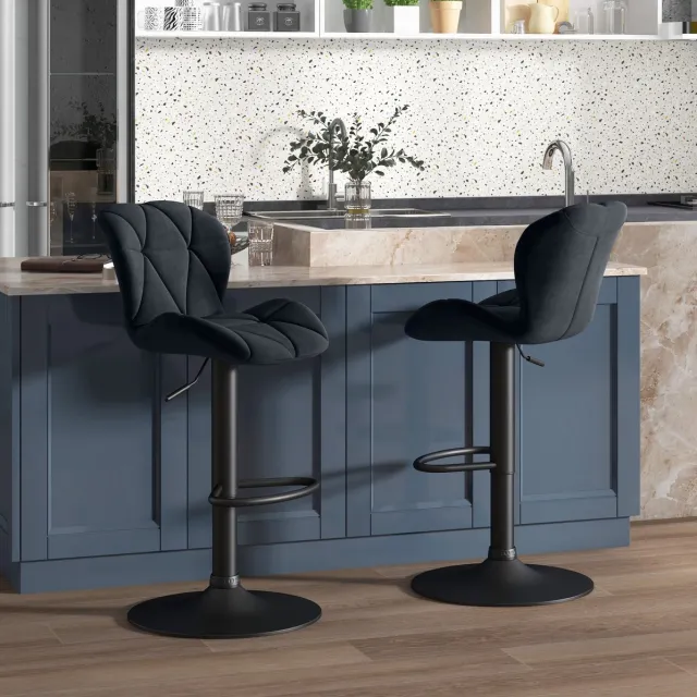REDOM Barkruk set van 2 - Draaibare zitting - Hoogte instelbaar - Met rugleuning - Zonder armleuningen - Modern - Bar - Velvet - Zwart - 51,5 x 57,5 x 93-114,5 cm