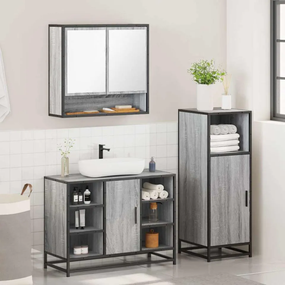 vidaXL 3-delige Badkamermeubelset bewerkt hout grijs sonoma eikenkleur, foto 4