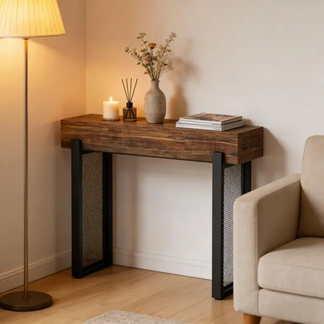 HAUSS SPOLE Consoletafel - Met Verborgen Opbergruimte - Voor Hal En Woonkamer - Hout En Metaal - Zwart Rustiek Bruin Zwart, Rustiek Bruin