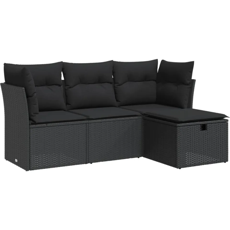 vidaXL 4-delige Loungeset met kussens poly rattan zwart, foto 3
