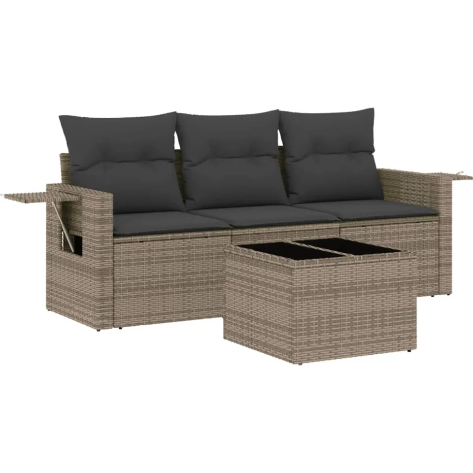 vidaXL 4-delige Loungeset met kussens poly rattan grijs