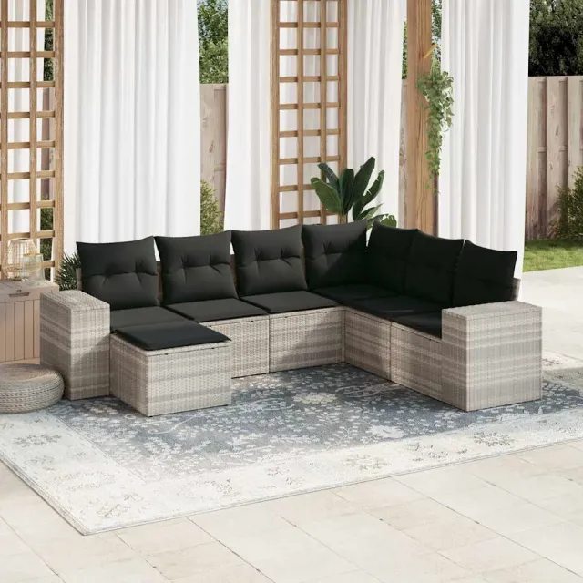 vidaXL 7-delige Loungeset met kussens poly rattan lichtgrijs grijs, foto 2