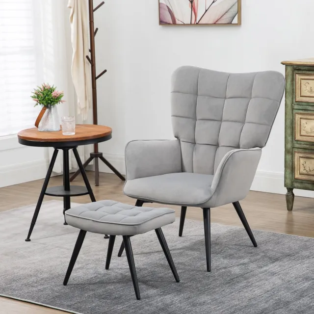 MODENUIT Oorfauteuil 73 x 77,5 x 98 cm - Met Hocker - Woonkamer en Kantoor - Fluweeloptiek - Lichtgrijs