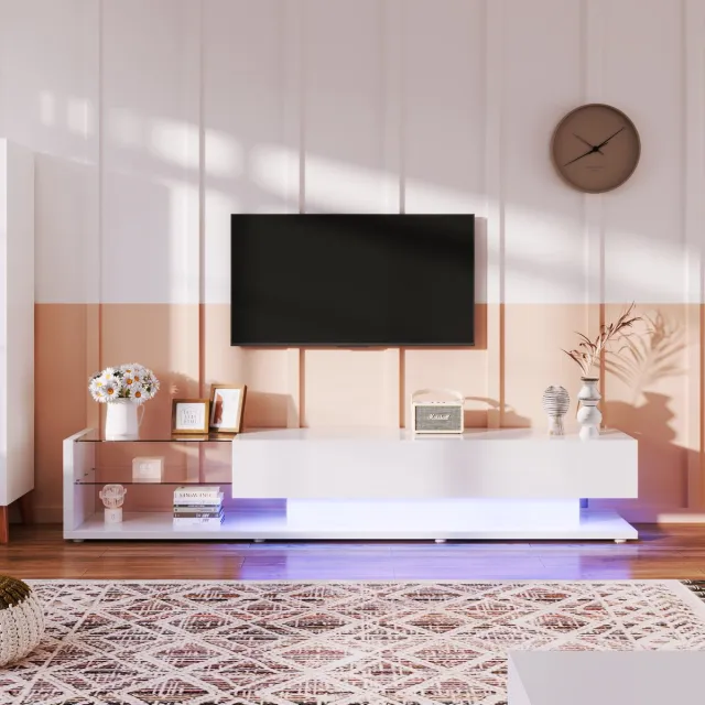 Merax Tv-meubel - hoogglans wit glazen scheidingswanden en dimbare LED-verlichting - 170 x 36 x 38 cm
