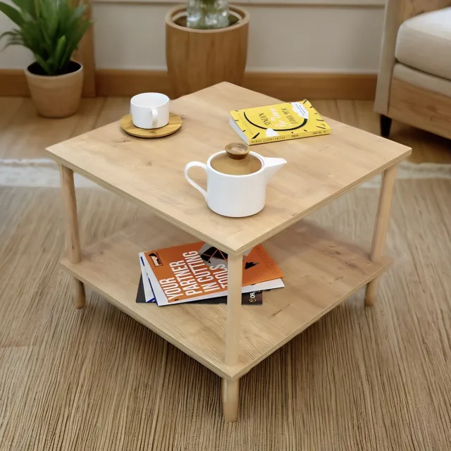City of Wood Vierkante salontafel met houten poten en twee planken, decoratief tijdschriftenrek, krantenhouder - beige