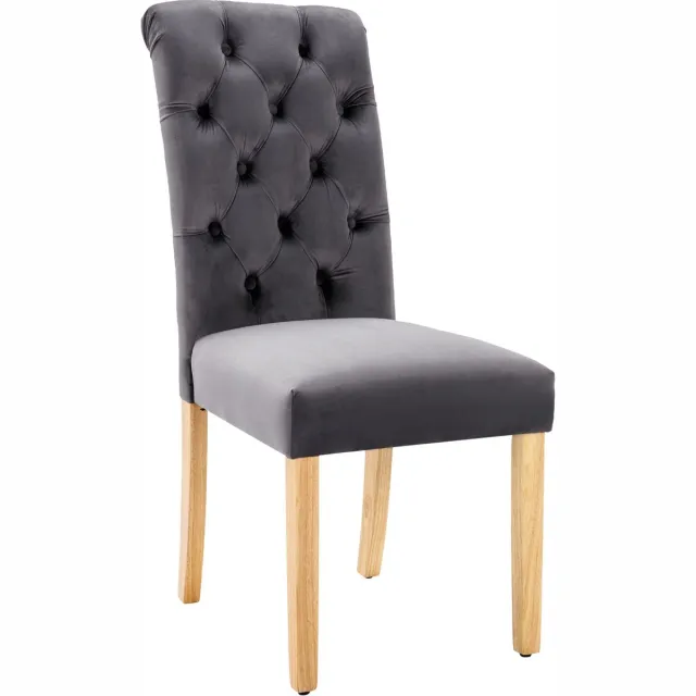 Merax Velvet Eetkamerstoelen Set van 4 - Luxe Stoelen met Eikenhouten Poten - Knopen en Chroomhandgreep - Grijs