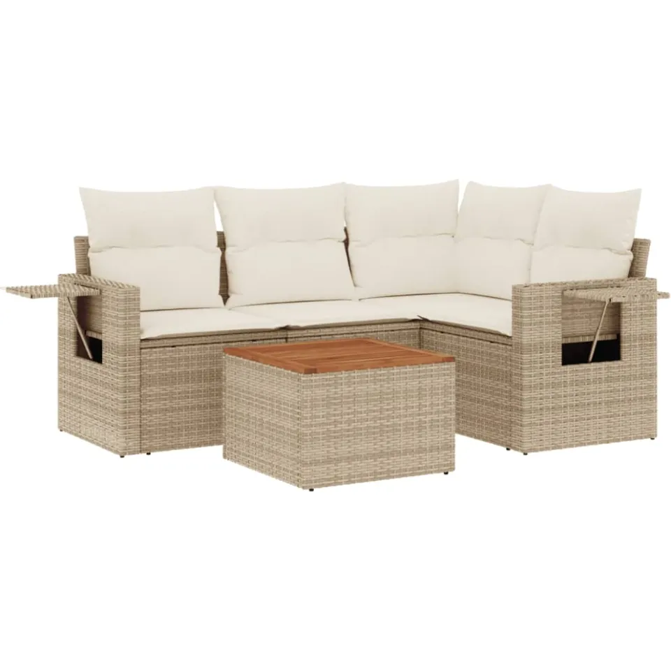 vidaXL 5-delige Loungeset met kussens poly rattan beige, foto 3