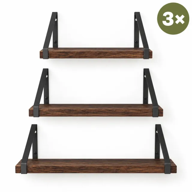 Levano Wandplank Set van 3 - Wandrek Industrieel - Zwevende Wandplank - Boekenplank - Wanddecoratie Woonkamer - Muurplank Hout - Badkamer Plank - Keukenplank - Boekenplank Kinderkamer - Hangplank - Wanddecoratie Keuken - Ophang Planken Muur Bruin;Zwart