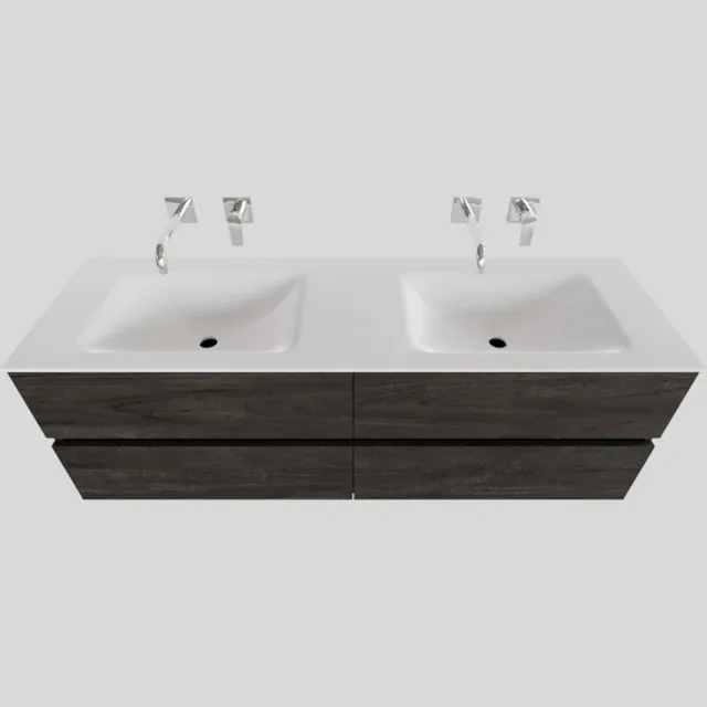 Boss & Wessing Badkamermeubel Solid Surface BWS Stockholm 200x46 cm Wood Dark Brown Wasbak Dubbel (0 kraangaten, 4 lades)