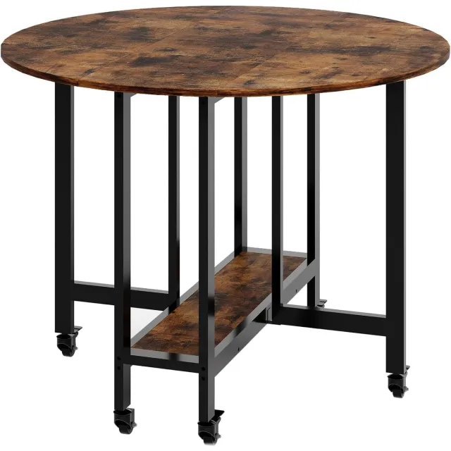 Triumpunpre Opvouwbare Eettafel met Wielen Bruin - Ronde Eettafel voor 4-6 Personen met Opbergplateau - 100x100x76 cm
