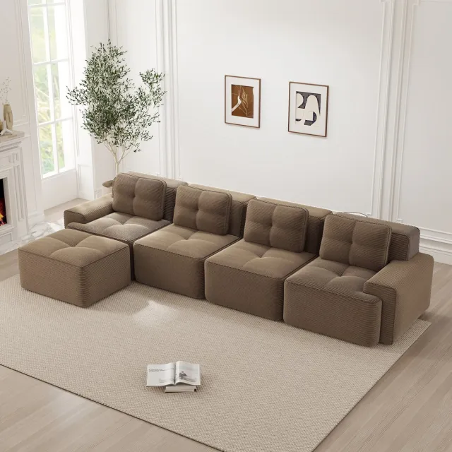 MEUNIQ Modulaire hoekbank 4-zits met L-vormige chaise longue, corduroy bekleding, 382 x 177 x 69 cm, zonder montage, woonkamer, bruin Brown