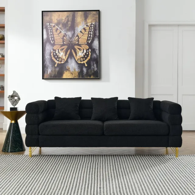 MODENUIT Zitbank 3-Zits 205,7 x 81 x 71 cm - Wolkvormige Leuning - Woonkamer - Teddystof - Zwart