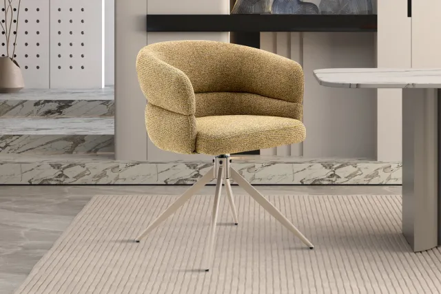 Rousseau Leonie Draaibare Eetkamerstoel Mosterdgeel – 180° Auto-Return – Beige Metalen Kruispoot