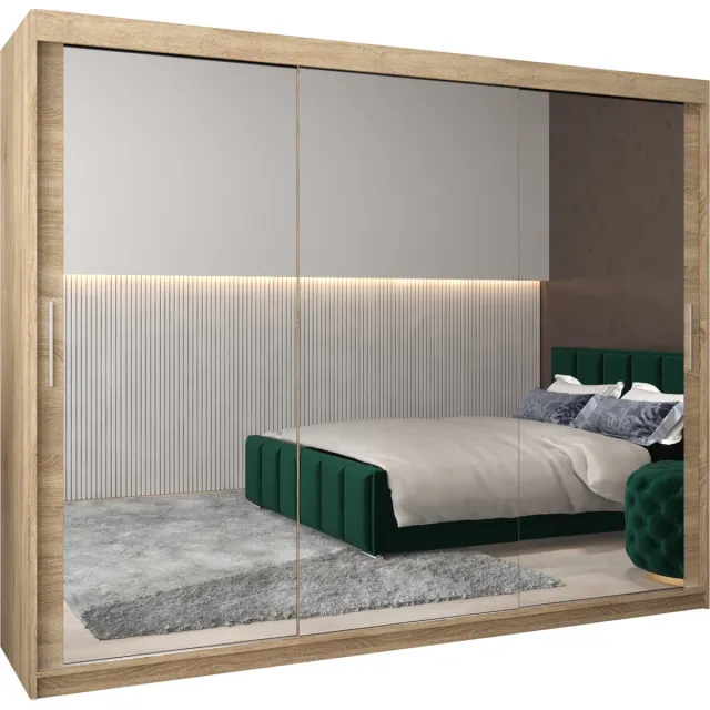 InspireME Kledingkast met 3 schuifdeuren, Modern-stijl, Kledingkast met planken (BxHxD): 250x200x62 - TORM III 250 Sonoma Eik mat 4 lades